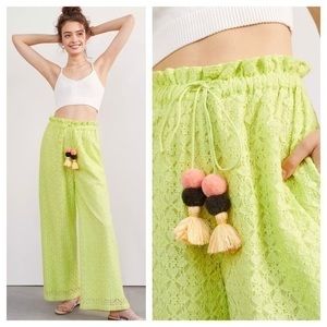 Anthropologie Lacy Wide-Leg Pants ~ Tassel Pom Pom Tie / Green
